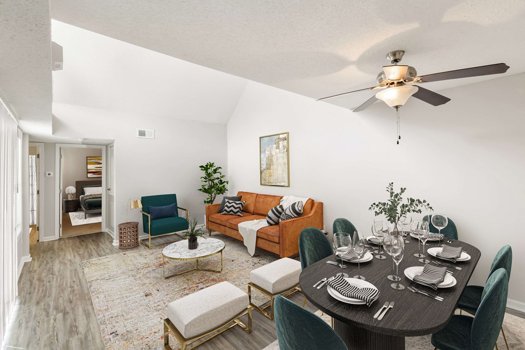 Bright and spacious living room designed for comfort at Hunters Pointe apartments in Charlotte, NC 28213, near UNC Charlotte
