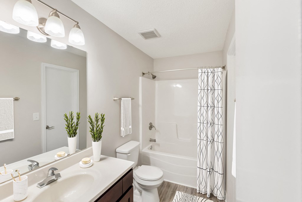 Modern bathroom with tub and shower at Hunters Pointe apartments in Charlotte, NC 28213, near UNC Charlotte.