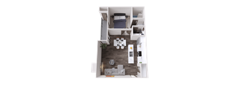 A top-down view of a small, well-organized apartment with a bed, a couch, a dining table, and a kitchenette.
