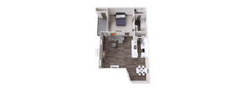 A top-down view of a small apartment with a bedroom, living room, and kitchen.