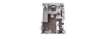 A top-down view of a small apartment with a bedroom, living room, and kitchen area.