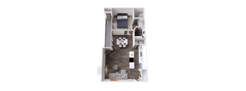 A top-down view of a modern apartment with a living room, kitchen, and bedroom.