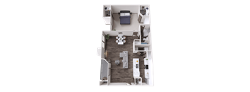 A top-down view of a small, well-organized apartment with a bed, a dining table, and a kitchenette.