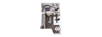 A top-down view of a small apartment with a bed, couch, and dining table.