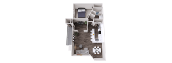 A top-down view of a modern apartment layout with a living room, kitchen, and bedroom.