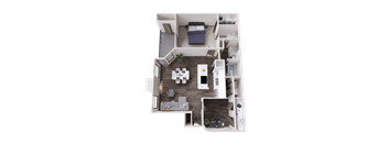 A top-down view of a small apartment with a bedroom, living room, and kitchen area.