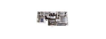 A top-down view of a modern apartment layout with a kitchen, living room, and bedrooms.