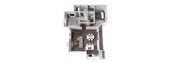 A 3D floor plan of a small apartment with a living room, kitchen, and bedrooms.