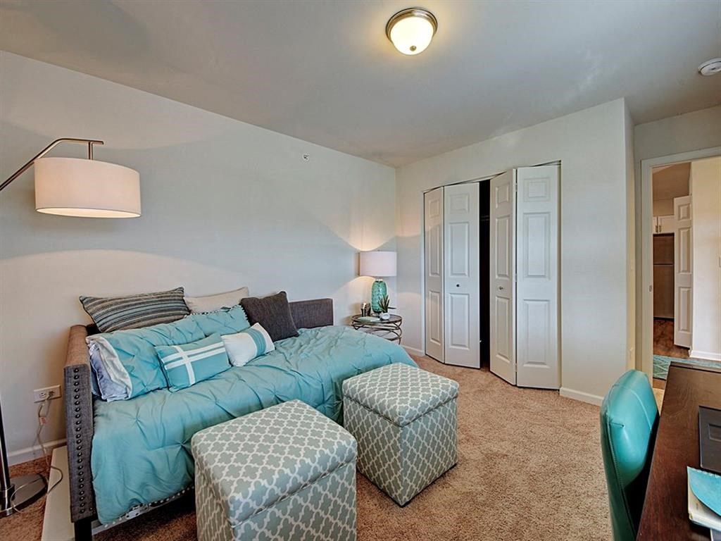 a bedroom with a bed and a closet