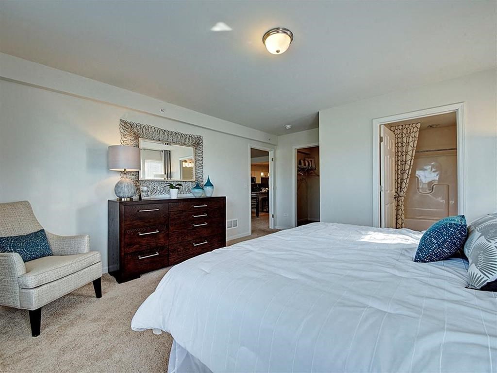 a bedroom with a large bed and a dresser