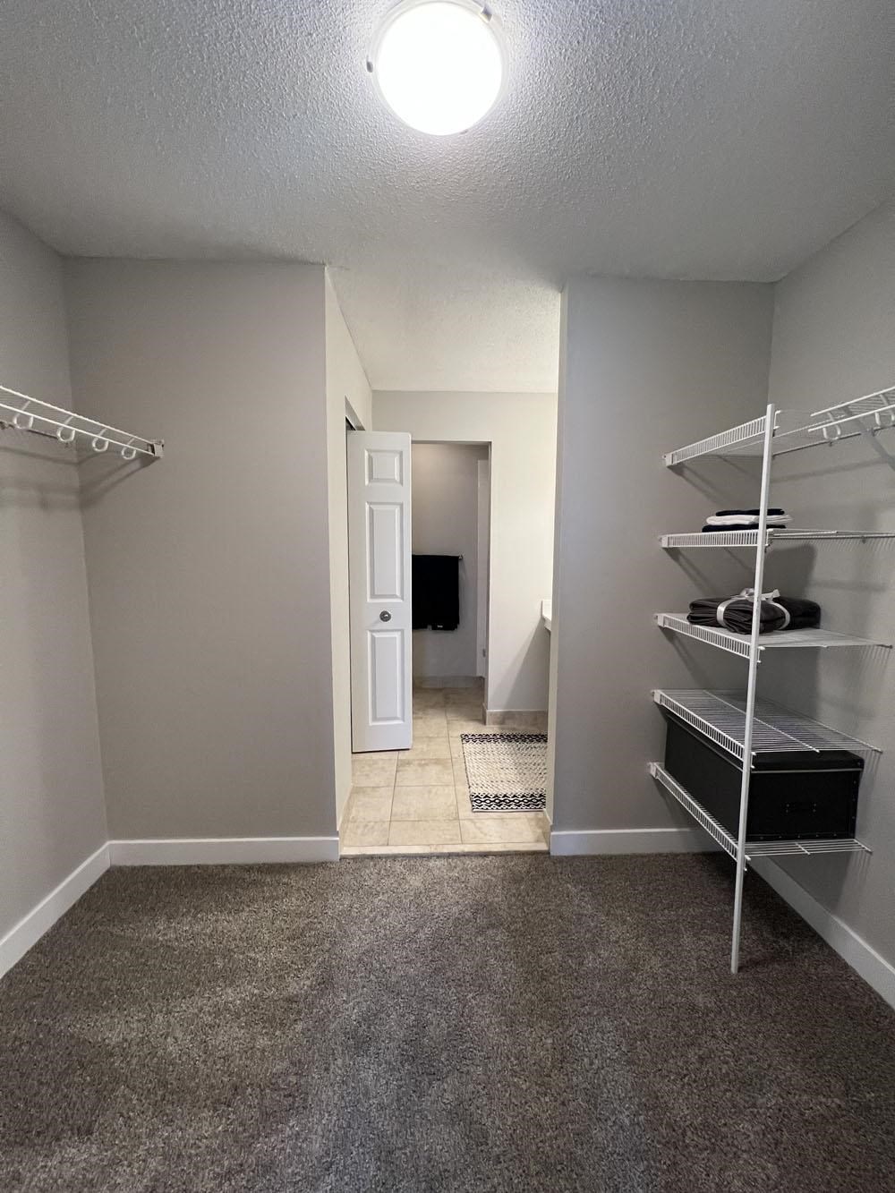 a walk in closet with a mirrored closet organizer
