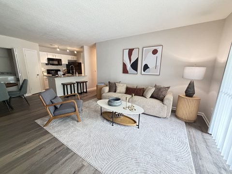 A living room with a grey rug and a white couch.