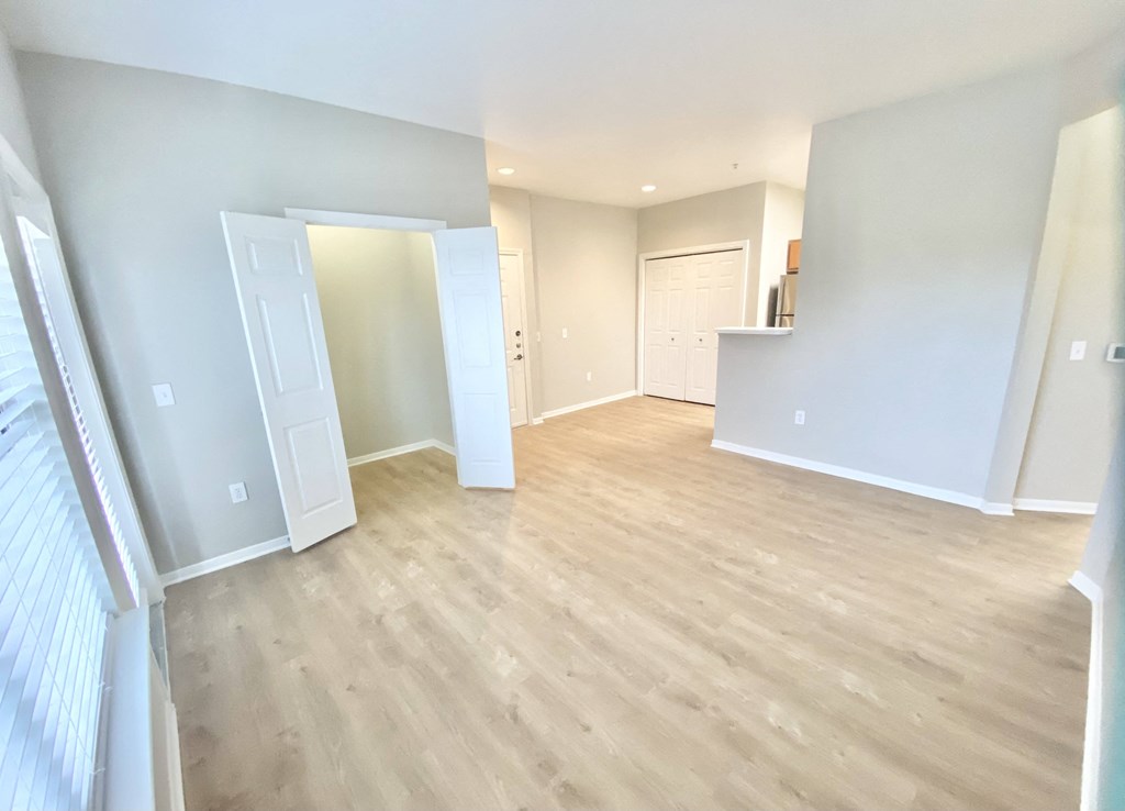 Living room with wood floors and windows and storage space