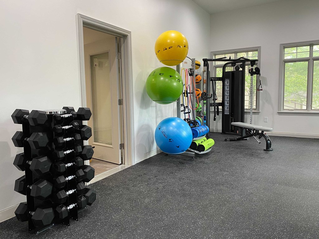 a home gym with weights and a large yellow and green balloon