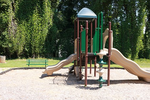 A playground with a green slide and a yellow slide.