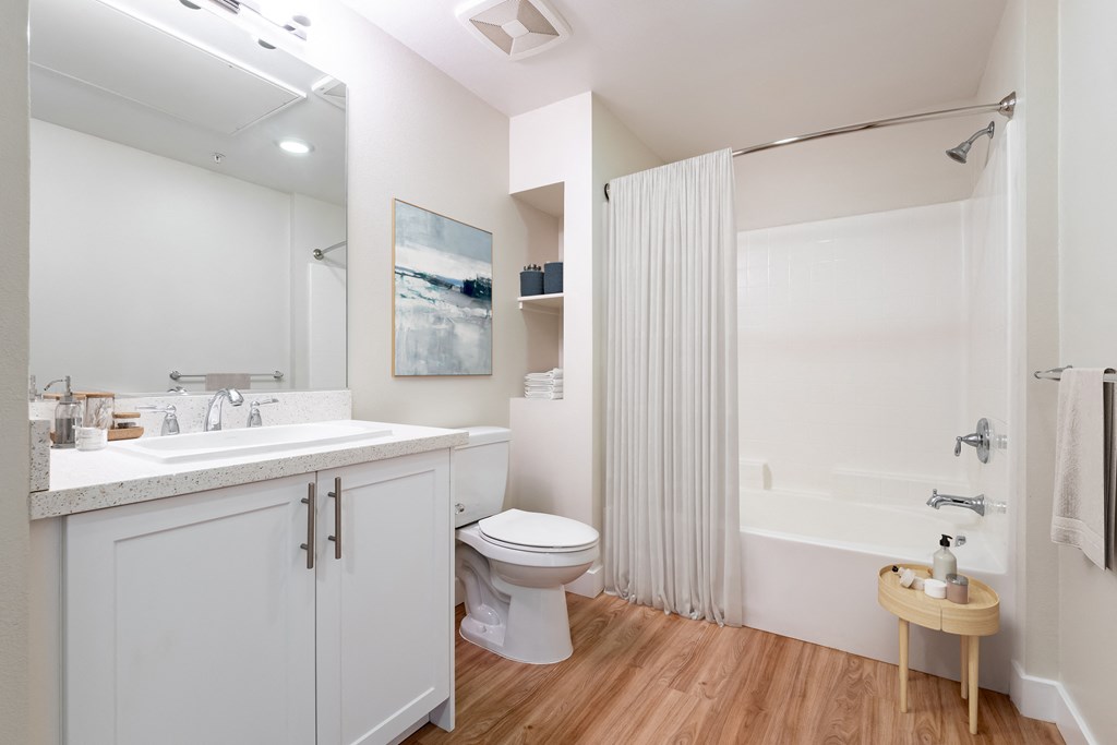 Milpitas, CA Pet-Friendly Apartments - Ilara Apartments - Bathroom with Built-In Shelves, a Garden-Style Tub, and Hardwood-Style Flooring