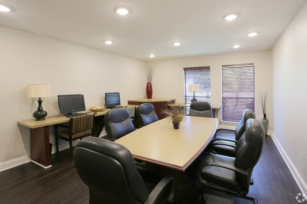 Modern business center workspace at Monarch Pass apartments Fort Worth TX