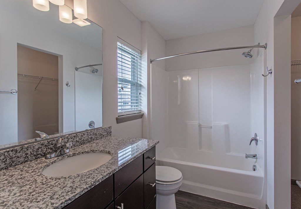 a bathroom with a large mirror and a toilet next to a bathtub
