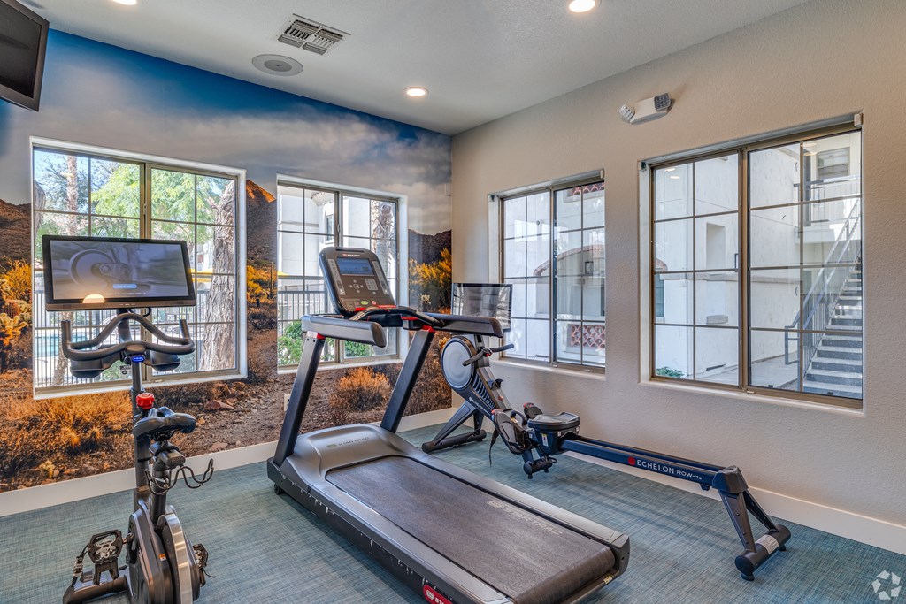 A home gym with a treadmill, stationary bike, and a television.