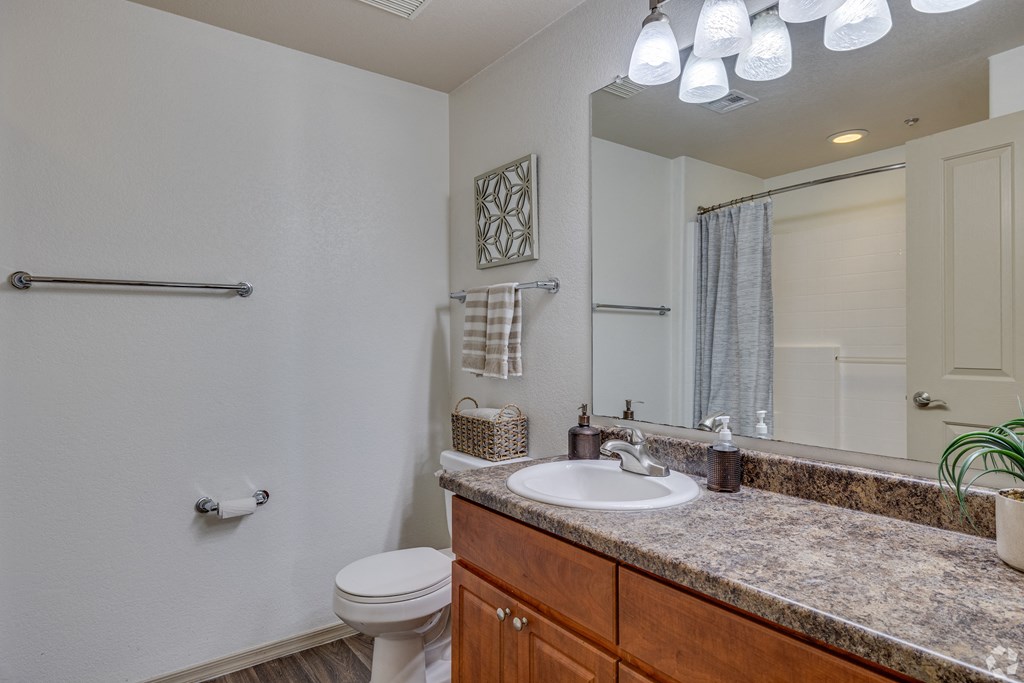A bathroom with a toilet, sink, and mirror.
