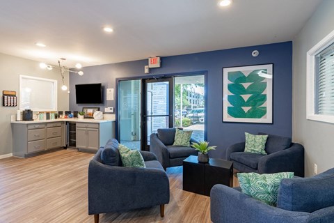 A living room with a grey couch and a green pillow.