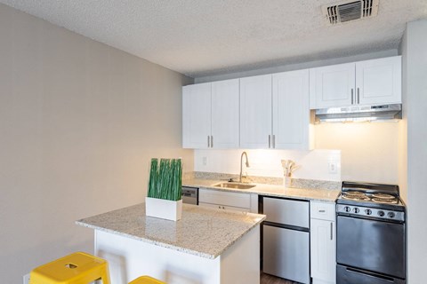 A kitchen with white cabinets and a granite countertop.