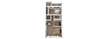 3D floorplan of a one-bedroom apartment at Coronado Springs Apartments in Palm Springs, Florida, showing living and dining area, modern kitchen with full appliances, spacious bedroom, bathroom, and private patio or balcony
