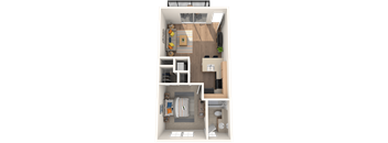 a 3d floor plan of a bedroom with a bathroom