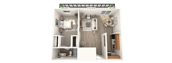 A 3D floor plan of a small apartment with a living room, kitchen, and bedroom.