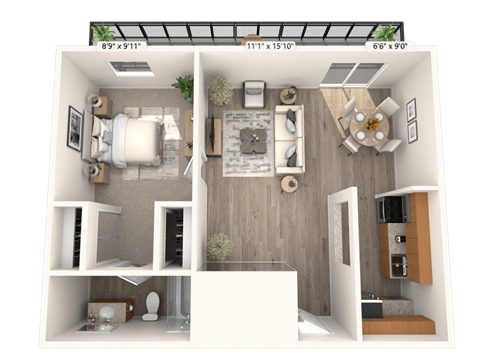 A 3D floor plan of a small apartment with a living room, kitchen, and bedroom.