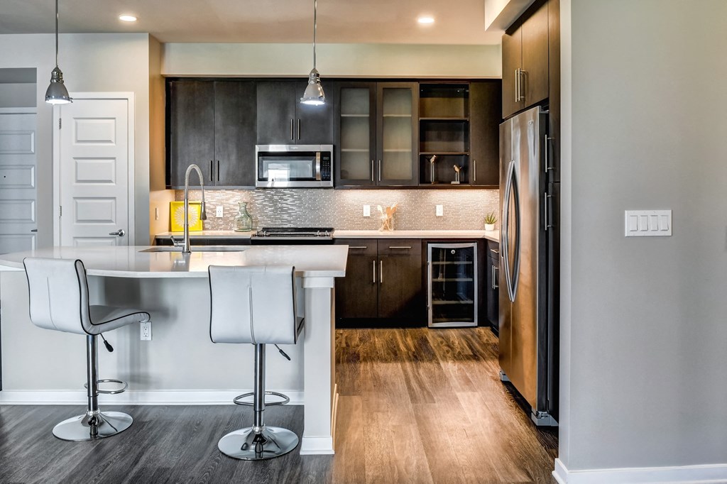 Juno at Winter Park apartments in Winter Park Florida photo of kitchen with stainless steel appliances