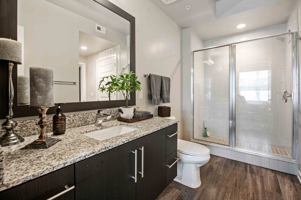 Juno at Winter Park apartments in Winter Park Florida photo of bathroom with walk-in shower