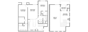 A floor plan of a house with a living room, two bedrooms, a roof deck, and a mezzanine.