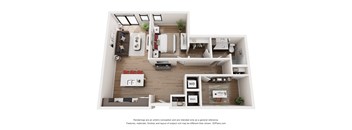 A 3D floor plan of a small apartment with a kitchen, living room, and bedroom.