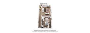 A 3D floor plan of a small apartment with a kitchen, living room, and bathroom.