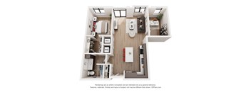 A 3D floor plan of a small apartment with a kitchen, living room, and bathroom.