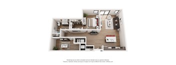 A 3D floor plan of a house with a kitchen, living room, and two bedrooms.