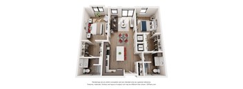A 3D floor plan of a house with a kitchen, living room, and two bedrooms.
