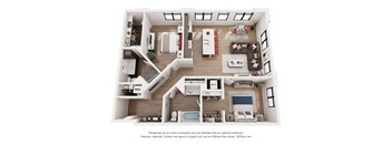 A 3D floor plan of a house with labeled rooms.