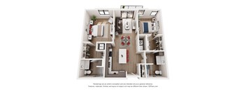 A 3D floor plan of a house with a kitchen, living room, and two bedrooms.