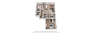 A 3D floor plan of a house with a kitchen, living room, and two bedrooms.