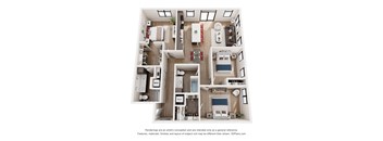 A 3D floor plan of a house with a kitchen, living room, and two bedrooms.