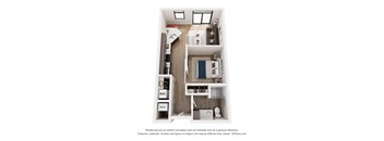 A 3D floor plan of a small apartment with a kitchen, living room, and bathroom.