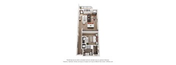 A 3D floor plan of a small apartment with a kitchen, living room, and bathroom.