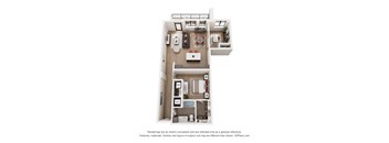 A 3D floor plan of a small apartment with a kitchen, living room, and bathroom.