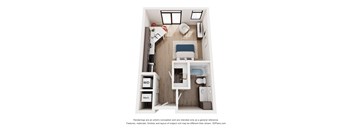 A 3D floor plan of a small apartment with a kitchenette, a bed, and a work area.