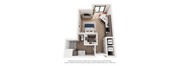 A 3D floor plan of a small apartment with a kitchen, living room, and bathroom.