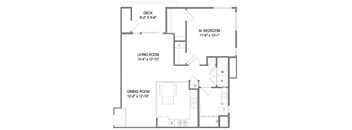 A black and white image of a house floor plan with a deck, living room, dining room, and a master bedroom.