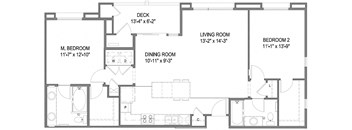 A floor plan of a house with a deck, two bedrooms, a living room, and a dining room.
