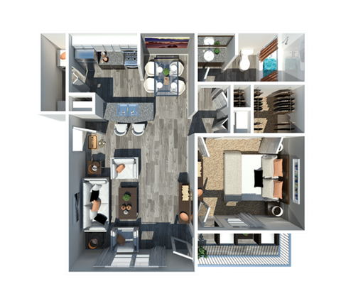 a 3d floor plan of a bedroom with a bathroom and a living room